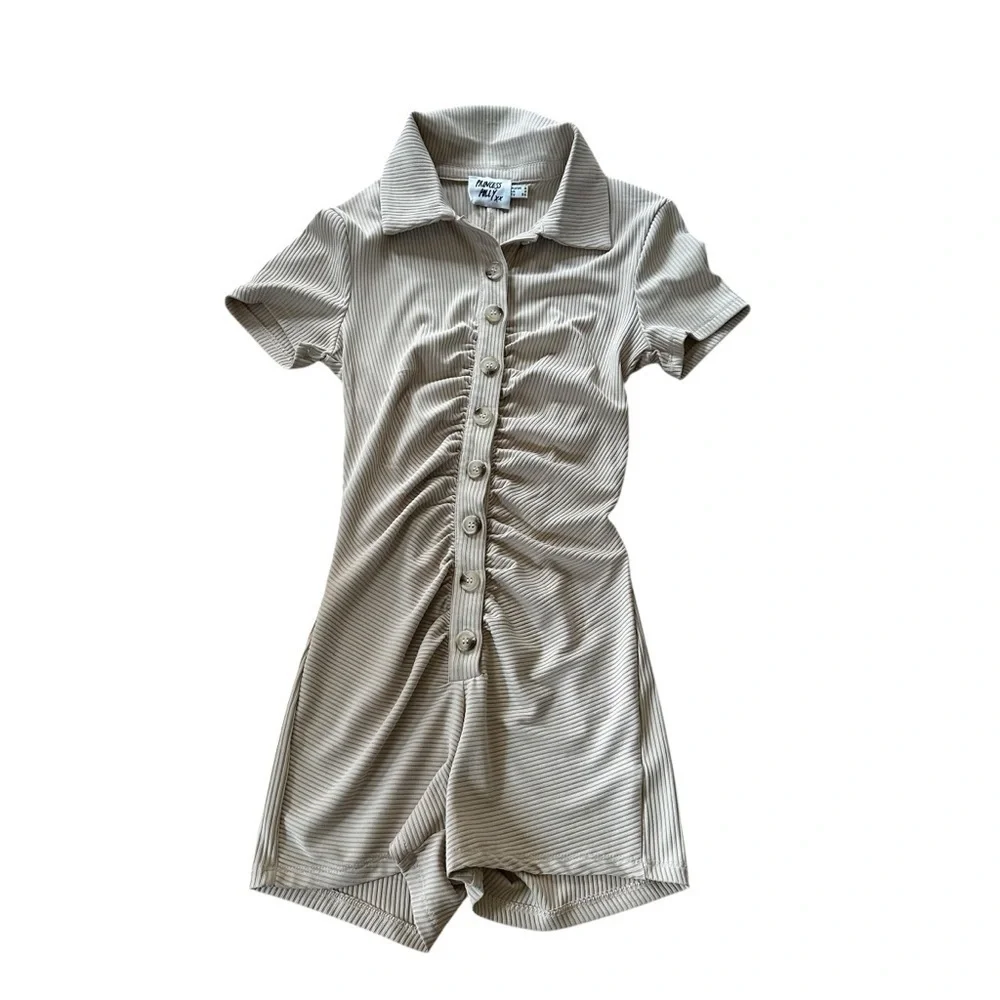 Princess Polly Thea Romper Ribbed Beige Button Down -Size 2 - Picture 2 of 11